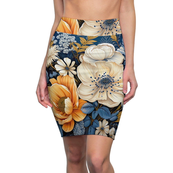 High Waist Womens Pencil Skirt - Contour Stretch - Blue Floral Block Print Illustration-0