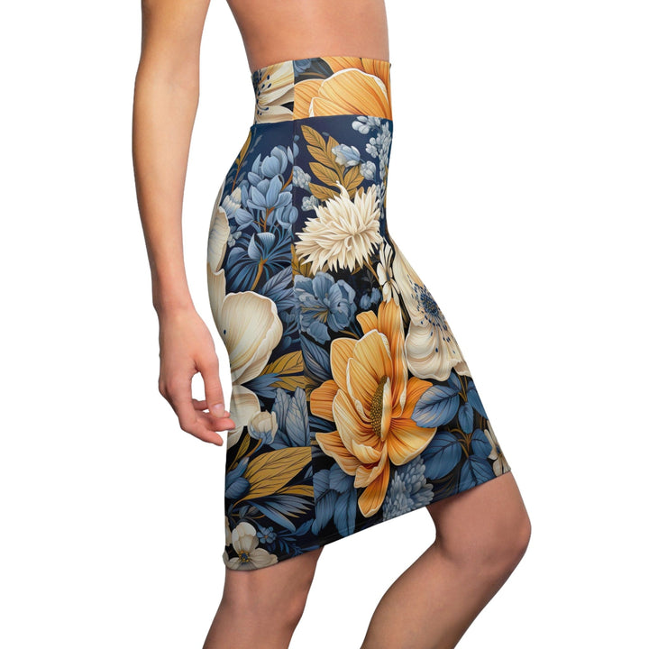 High Waist Womens Pencil Skirt - Contour Stretch - Blue Floral Block Print Illustration-2