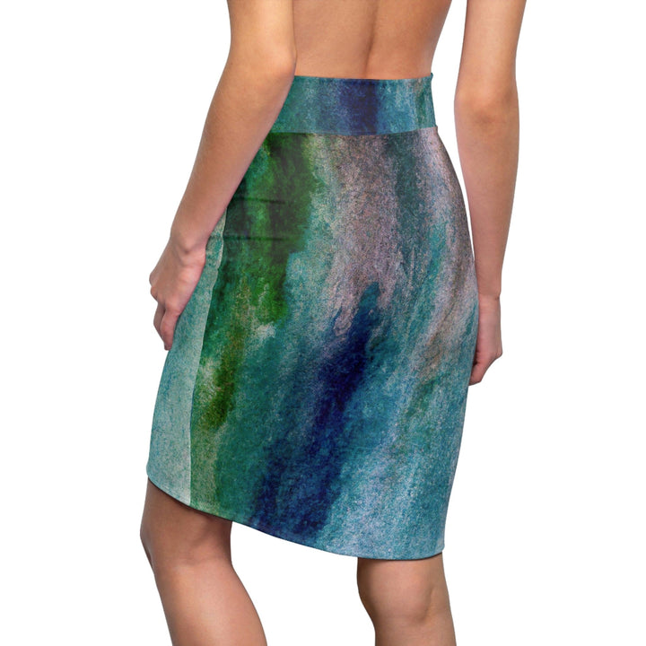 High Waist Womens Pencil Skirt - Contour Stretch - Blue Hue Watercolor Abstract Print-1