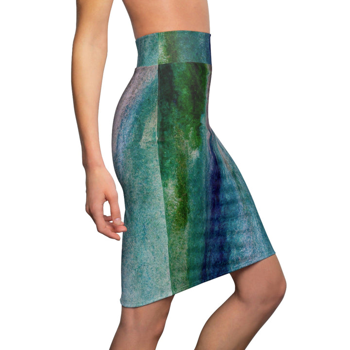 High Waist Womens Pencil Skirt - Contour Stretch - Blue Hue Watercolor Abstract Print-2