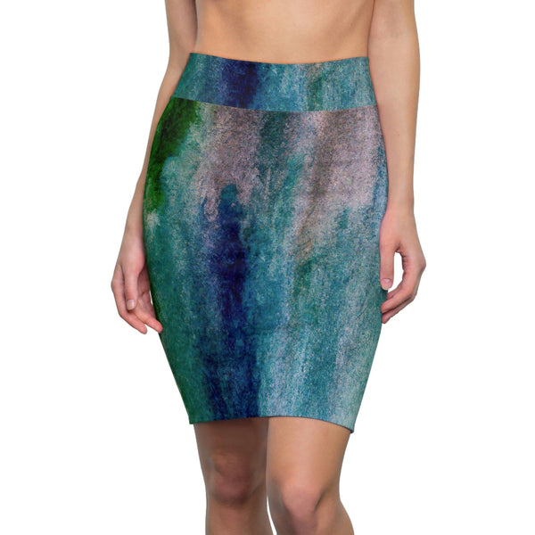High Waist Womens Pencil Skirt - Contour Stretch - Blue Hue Watercolor Abstract Print-0