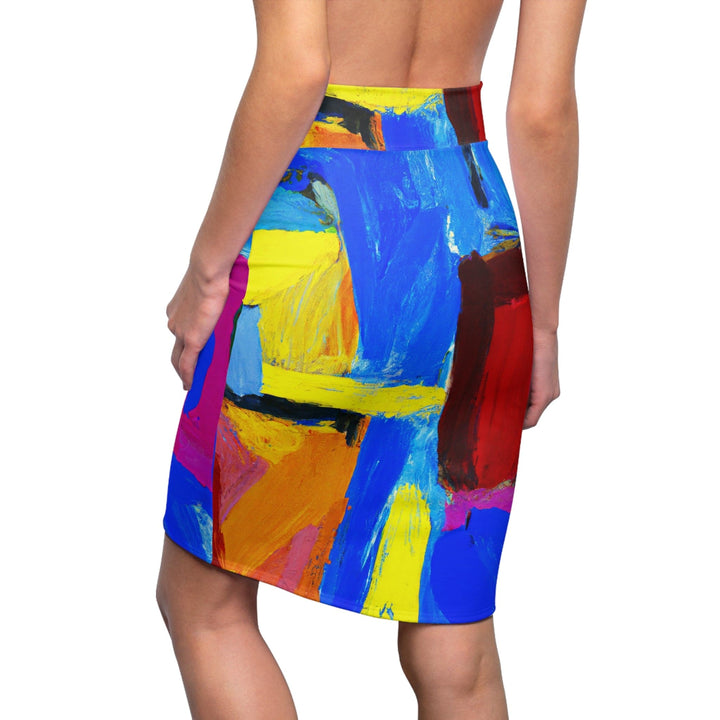 High Waist Womens Pencil Skirt - Contour Stretch - Blue Red Yellow Multicolor Abstract Pattern-1