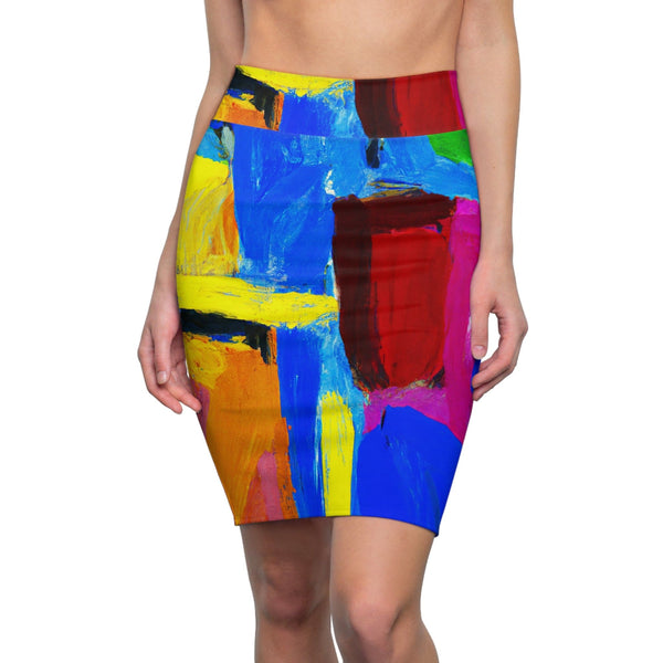 High Waist Womens Pencil Skirt - Contour Stretch - Blue Red Yellow Multicolor Abstract Pattern-0