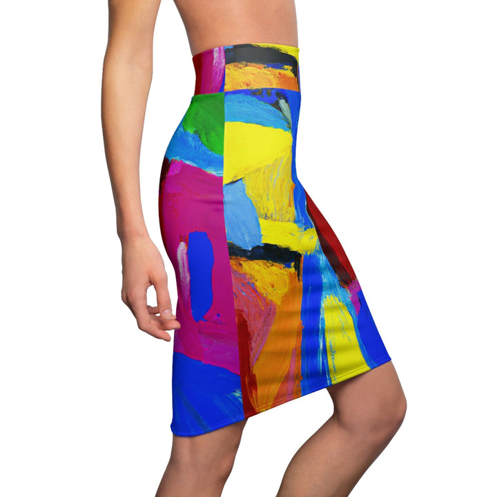 High Waist Womens Pencil Skirt - Contour Stretch - Blue Red Yellow Multicolor Abstract Pattern-2