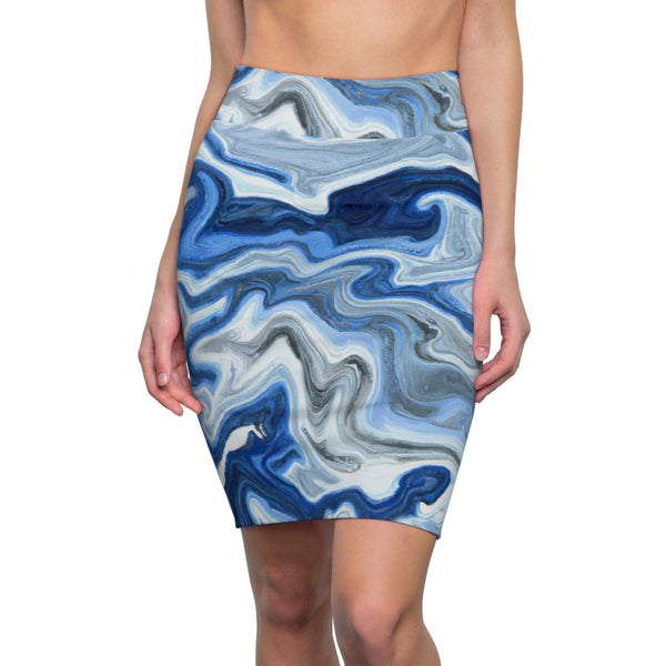 High Waist Womens Pencil Skirt - Contour Stretch - Blue White Grey Marble Pattern-0