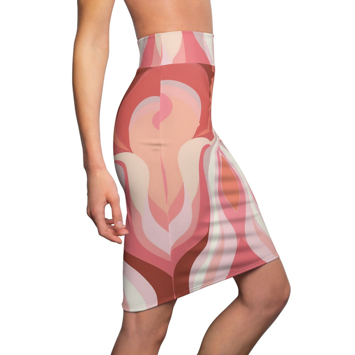 High Waist Womens Pencil Skirt - Contour Stretch - Boho Pink and White Contemporary Art Lined Pattern-2