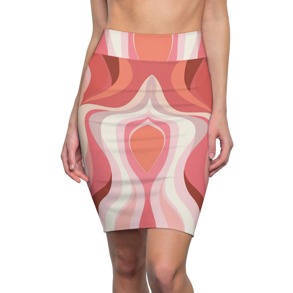 High Waist Womens Pencil Skirt - Contour Stretch - Boho Pink and White Contemporary Art Lined Pattern-0