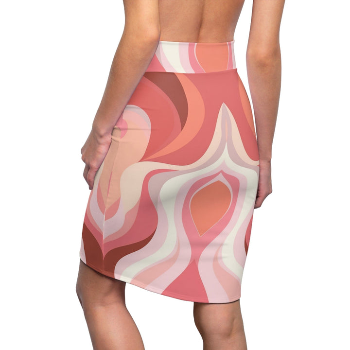 High Waist Womens Pencil Skirt - Contour Stretch - Boho Pink and White Contemporary Art Lined Pattern-1