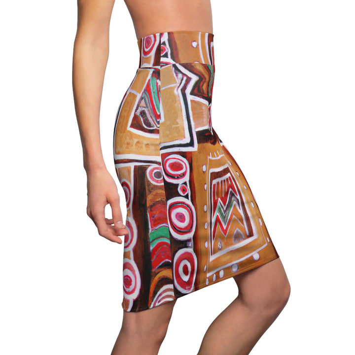 High Waist Womens Pencil Skirt - Contour Stretch - Brown Orange Green Aztec Pattern-2