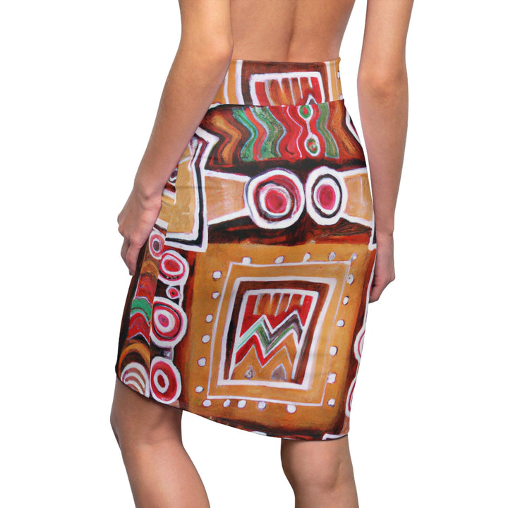 High Waist Womens Pencil Skirt - Contour Stretch - Brown Orange Green Aztec Pattern-1