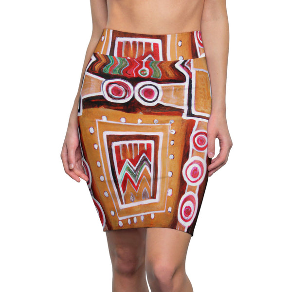 High Waist Womens Pencil Skirt - Contour Stretch - Brown Orange Green Aztec Pattern-0