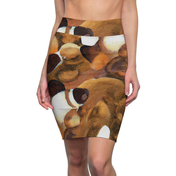 High Waist Womens Pencil Skirt - Contour Stretch - Brown White Stone Pattern-0