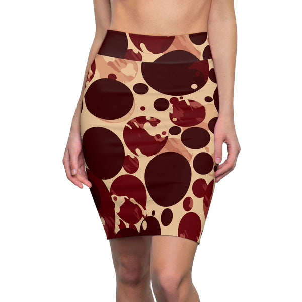 High Waist Womens Pencil Skirt - Contour Stretch - Burgundy and Beige Circular Spotted Illustration-0