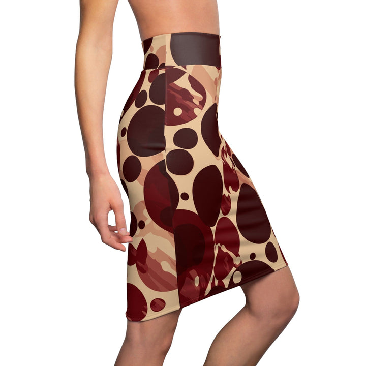 High Waist Womens Pencil Skirt - Contour Stretch - Burgundy and Beige Circular Spotted Illustration-2