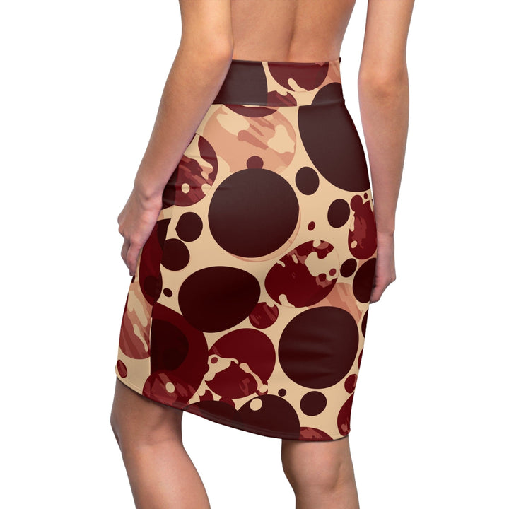 High Waist Womens Pencil Skirt - Contour Stretch - Burgundy and Beige Circular Spotted Illustration-1