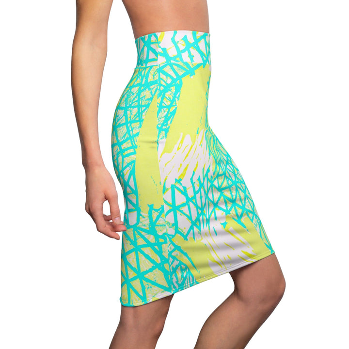 High Waist Womens Pencil Skirt - Contour Stretch - Cyan Blue Lime Green and White Pattern-2
