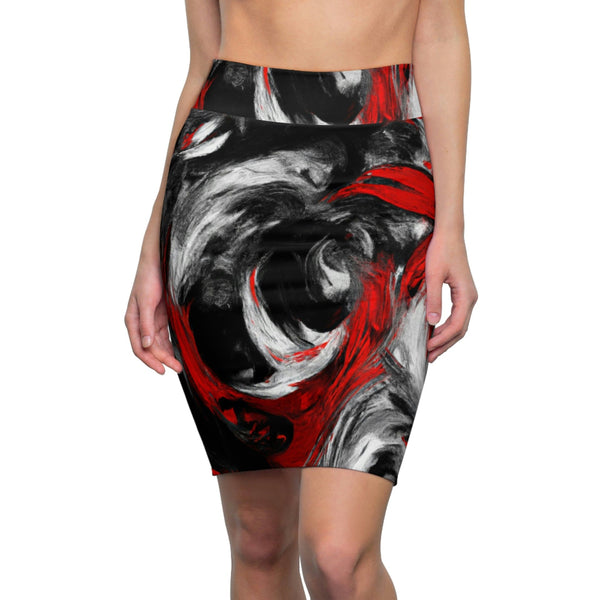 High Waist Womens Pencil Skirt - Contour Stretch - Decorative Black Red White Abstract Seamless Pattern-0