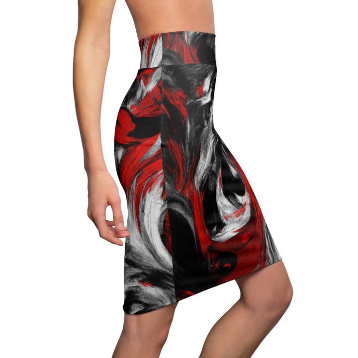 High Waist Womens Pencil Skirt - Contour Stretch - Decorative Black Red White Abstract Seamless Pattern-2