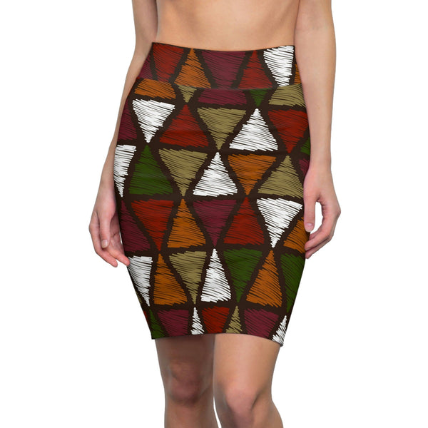 High Waist Womens Pencil Skirt - Contour Stretch - Forest Green and White Tribal Quilting Fabric Print-0