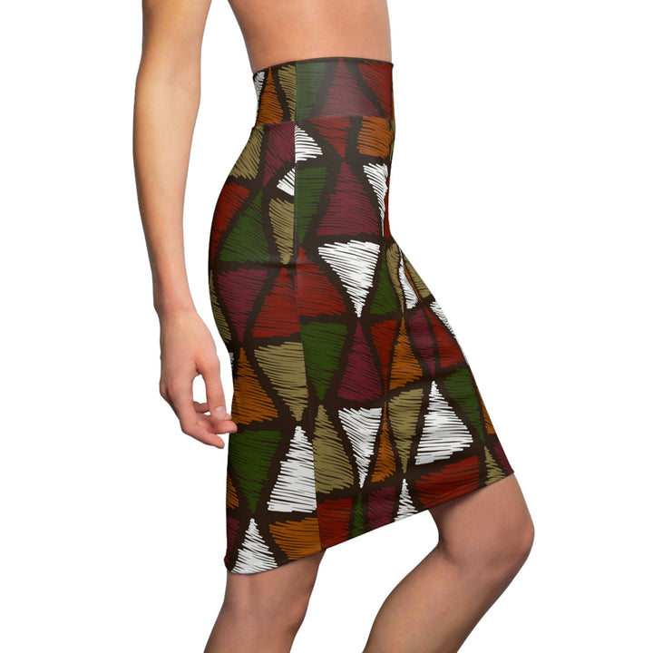 High Waist Womens Pencil Skirt - Contour Stretch - Forest Green and White Tribal Quilting Fabric Print-2