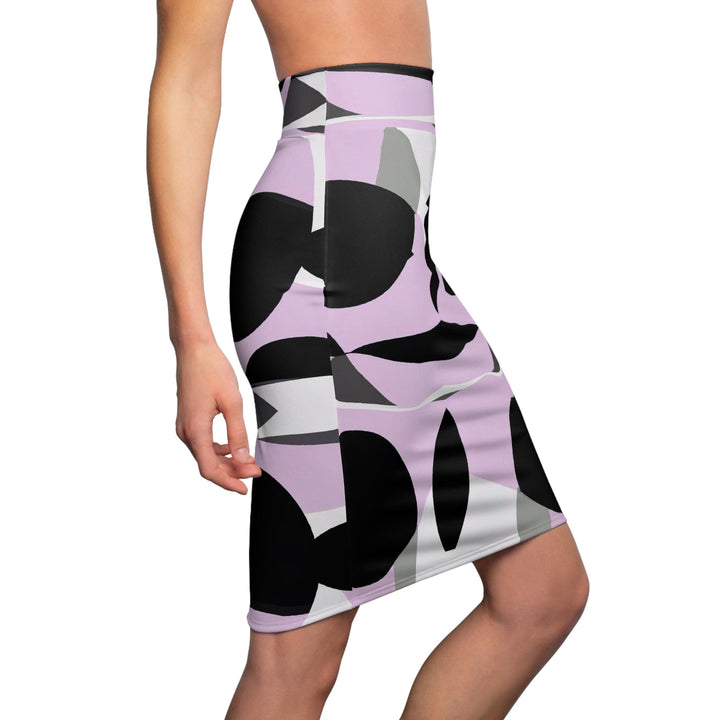 High Waist Womens Pencil Skirt - Contour Stretch - Geometric Lavender and Black Pattern-2