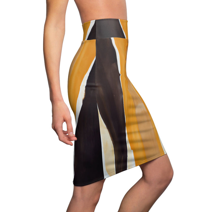 High Waist Womens Pencil Skirt - Contour Stretch - Golden Yellow Brown Abstract Pattern-2