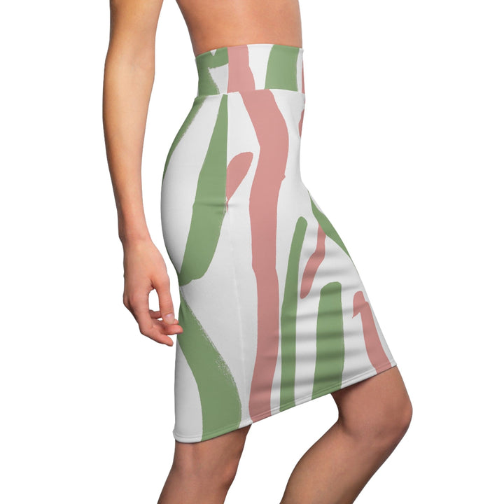 High Waist Womens Pencil Skirt - Contour Stretch - Green Mauve Abstract Brush Stroke Pattern-2