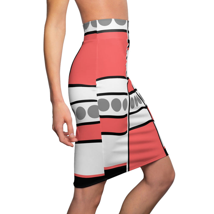 High Waist Womens Pencil Skirt - Contour Stretch - Mauve Grey White Geometric Pattern-2