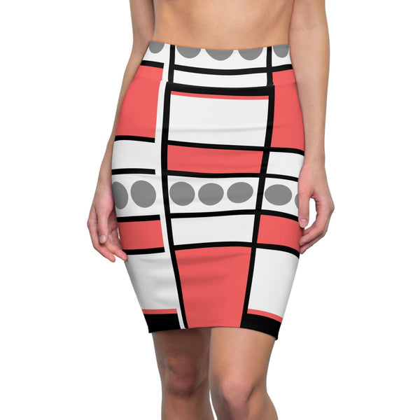 High Waist Womens Pencil Skirt - Contour Stretch - Mauve Grey White Geometric Pattern-0