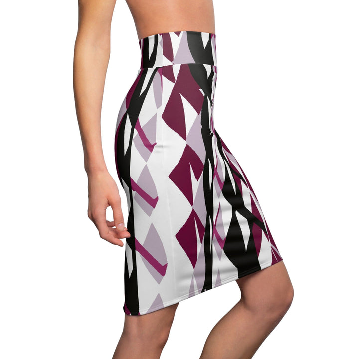 High Waist Womens Pencil Skirt - Contour Stretch - Mauve Pink and Black Geometric Pattern-2