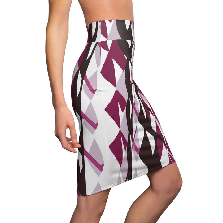 High Waist Womens Pencil Skirt - Contour Stretch - Mauve Pink and Maroon Geometric Pattern-2