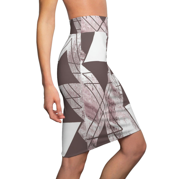High Waist Womens Pencil Skirt - Contour Stretch - Mauve Rose and White Triangular Colorblock-2