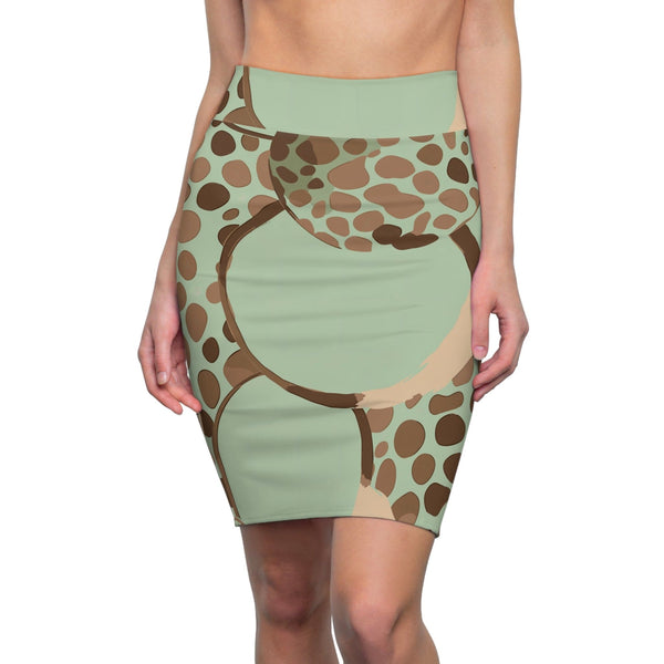 High Waist Womens Pencil Skirt - Contour Stretch - Mint Green and Brown Spotted Illustration-0