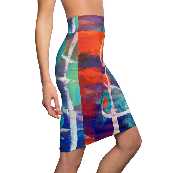 High Waist Womens Pencil Skirt - Contour Stretch - Multicolor Abstract Expression Pattern 030423b-2
