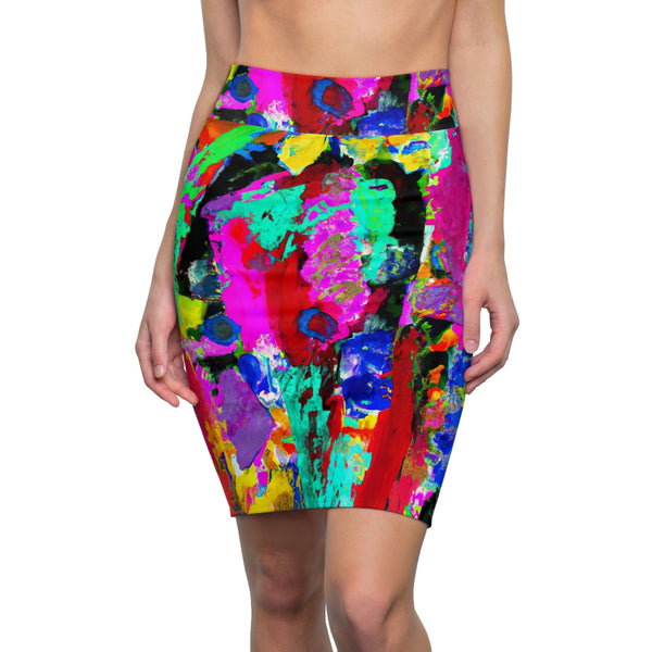 High Waist Womens Pencil Skirt - Contour Stretch - Multicolor Abstract Expression Pattern-0