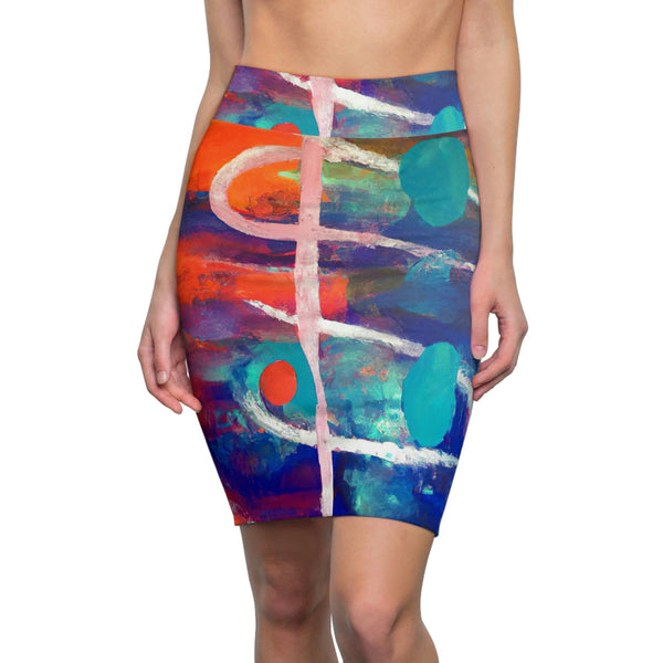 High Waist Womens Pencil Skirt - Contour Stretch - Multicolor Abstract Expression Pattern 030423b-0