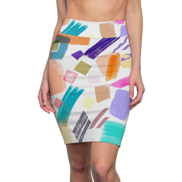 High Waist Womens Pencil Skirt - Contour Stretch - Multicolor Pastel Geometric Brush Stroke Pattern-0
