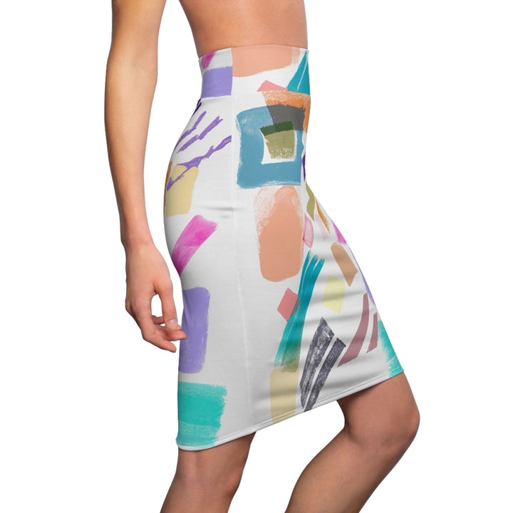 High Waist Womens Pencil Skirt - Contour Stretch - Multicolor Pastel Geometric Brush Stroke Pattern-2