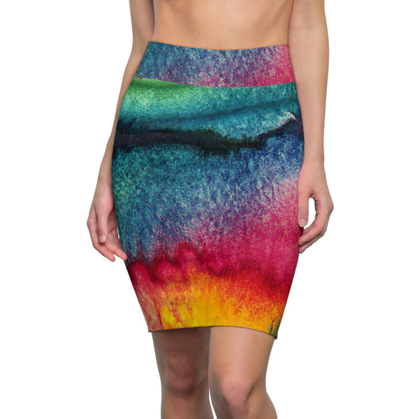 High Waist Womens Pencil Skirt - Contour Stretch - Multicolor Watercolor Abstract Print-0