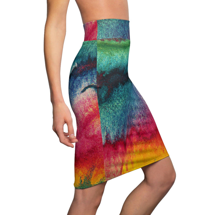 High Waist Womens Pencil Skirt - Contour Stretch - Multicolor Watercolor Abstract Print-2