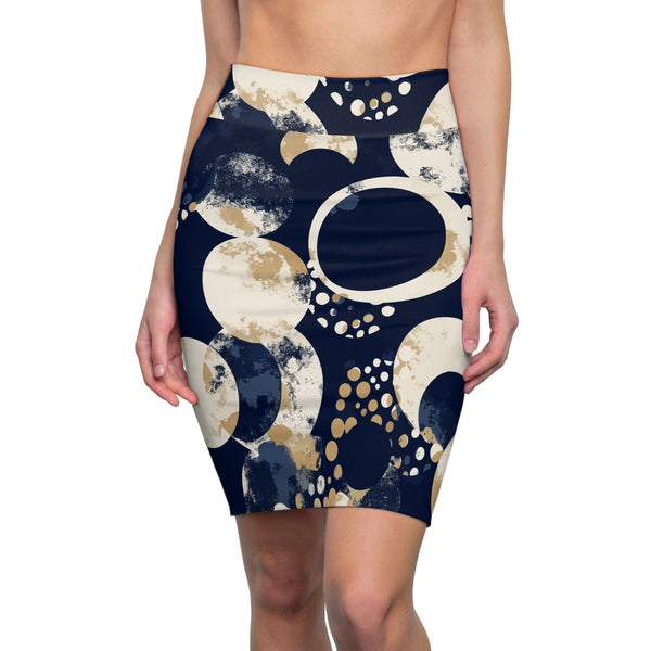 High Waist Womens Pencil Skirt - Contour Stretch - Navy Blue and Beige Spotted Illustration-0