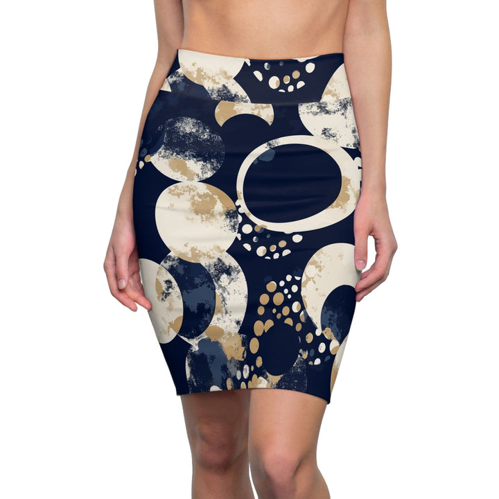 High Waist Womens Pencil Skirt - Contour Stretch - Navy Blue and Beige Spotted Illustration-0