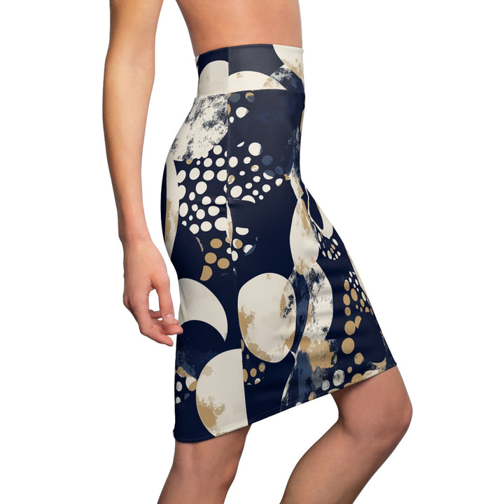 High Waist Womens Pencil Skirt - Contour Stretch - Navy Blue and Beige Spotted Illustration-2