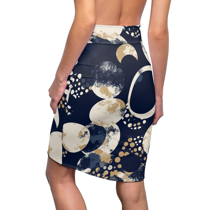 High Waist Womens Pencil Skirt - Contour Stretch - Navy Blue and Beige Spotted Illustration-1