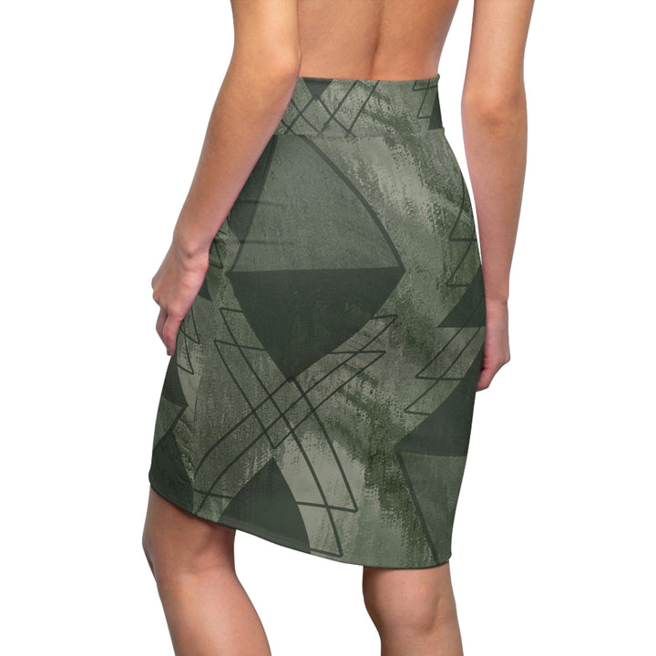 High Waist Womens Pencil Skirt - Contour Stretch - Olive Green Triangular Colorblock-1