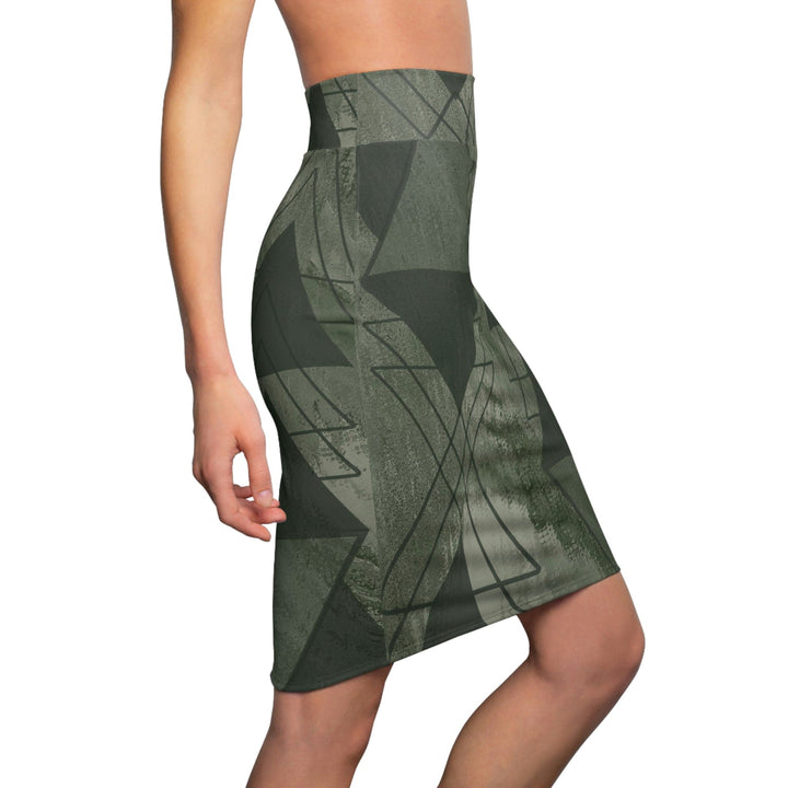 High Waist Womens Pencil Skirt - Contour Stretch - Olive Green Triangular Colorblock-2
