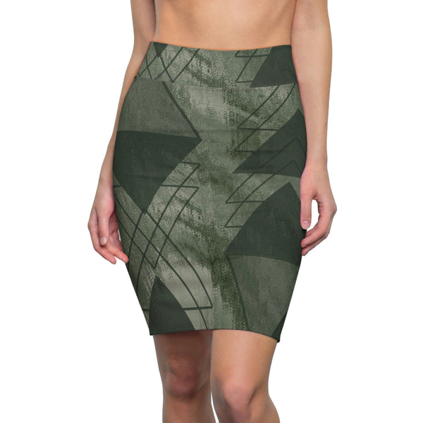 High Waist Womens Pencil Skirt - Contour Stretch - Olive Green Triangular Colorblock-0