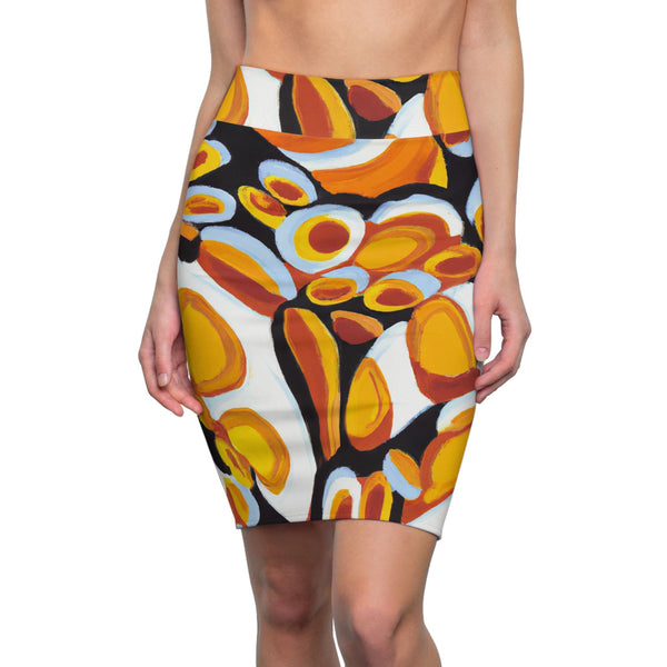 High Waist Womens Pencil Skirt - Contour Stretch - Orange Black White Geometric Print Pattern-0