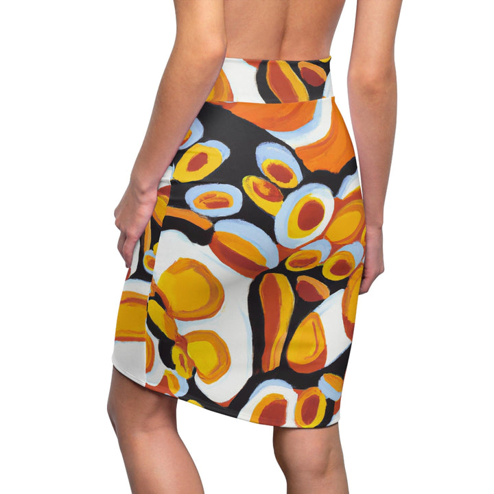 High Waist Womens Pencil Skirt - Contour Stretch - Orange Black White Geometric Print Pattern-1