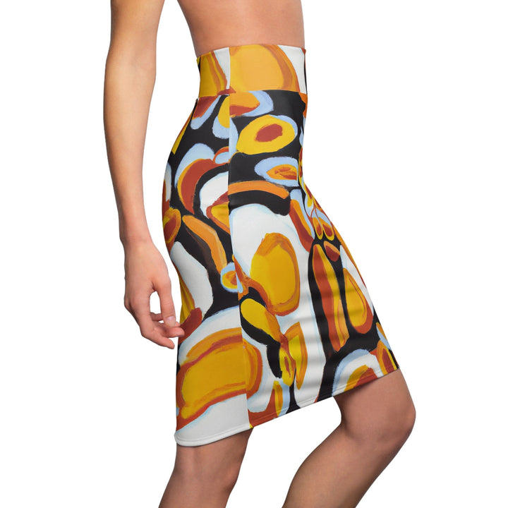 High Waist Womens Pencil Skirt - Contour Stretch - Orange Black White Geometric Print Pattern-2